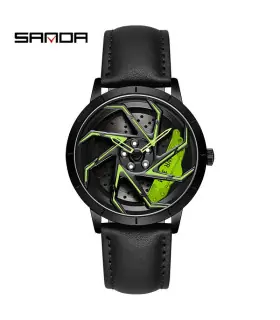 [Leather Black Green] SANDA-Montre de sport étanche en acier inoxydable pour homme, jante de vo