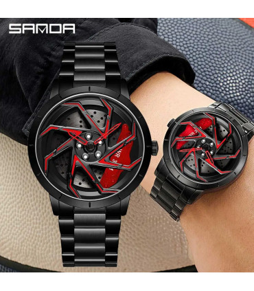 [Leather Black Red] SANDA-Montre de sport étanche en acier inoxydable pour homme, jante de voit
