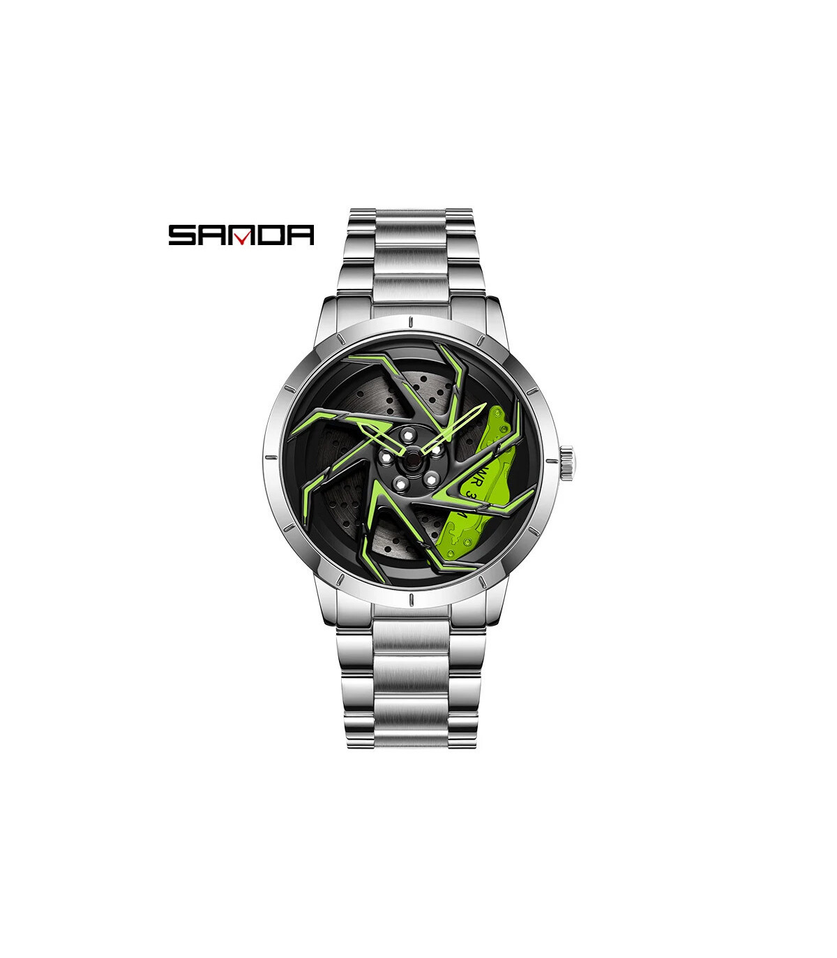 [Steel Silver Green] SANDA-Montre de sport étanche en acier inoxydable pour homme, jante de voi