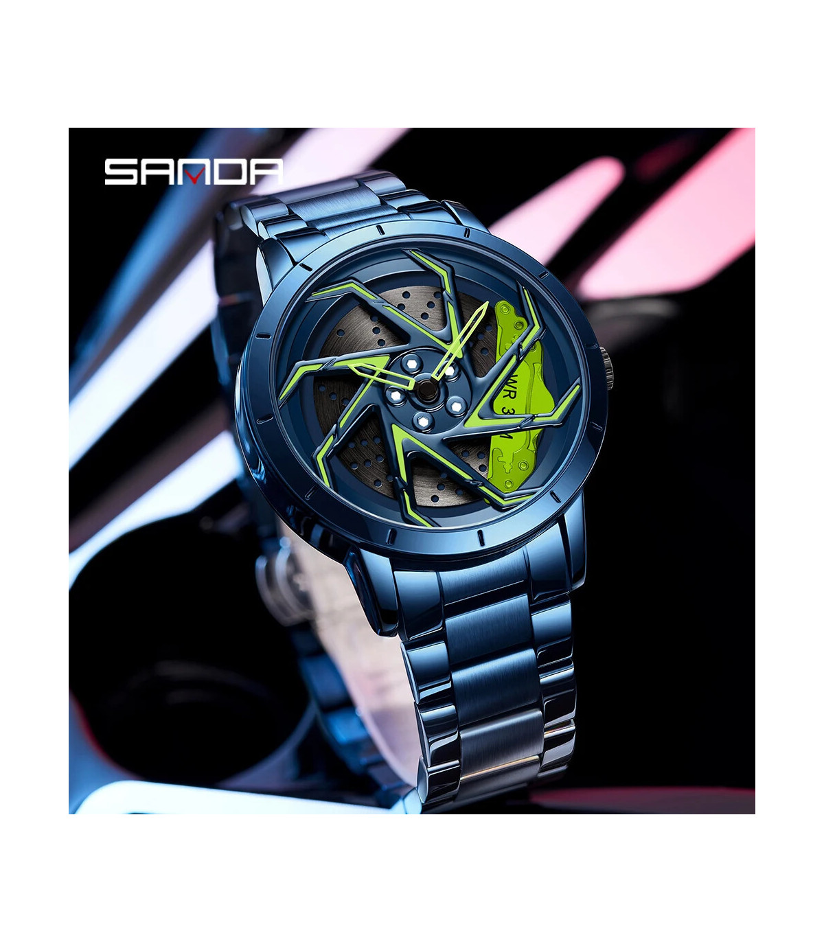 [Steel Silver Green] SANDA-Montre de sport étanche en acier inoxydable pour homme, jante de voi