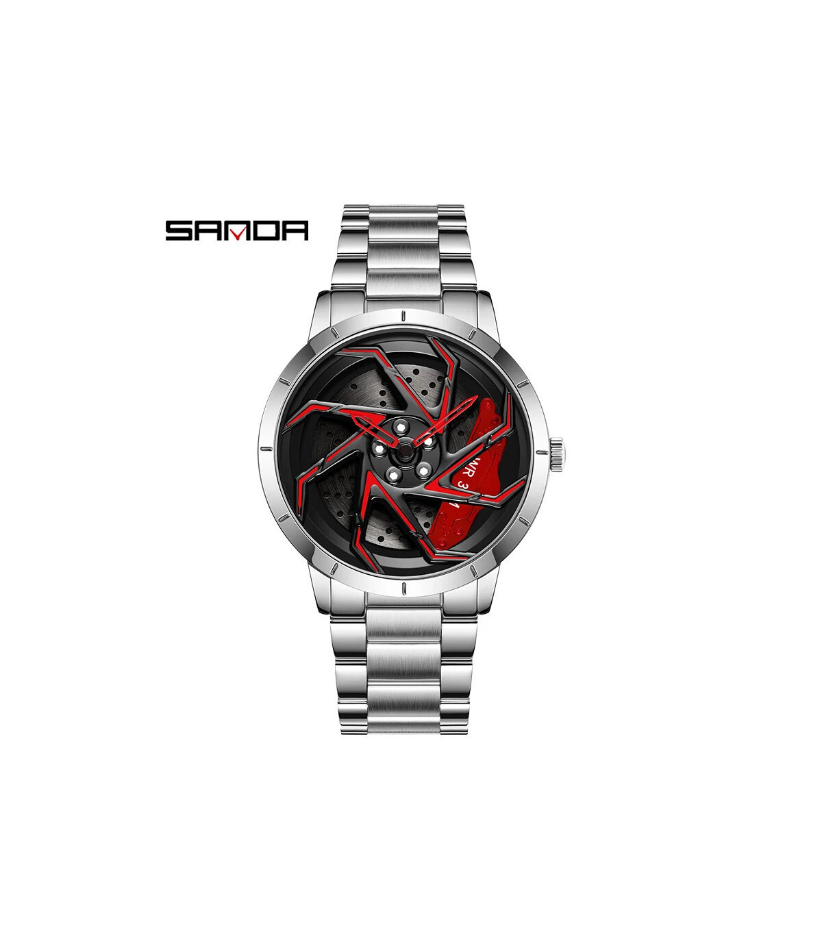 [Steel Silver Red] SANDA-Montre de sport étanche en acier inoxydable pour homme, jante de voitu