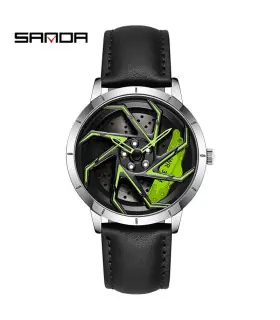 [Leather Silver Green] SANDA-Montre de sport étanche en acier inoxydable pour homme, jante de v