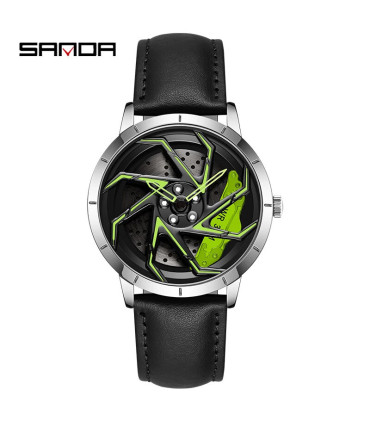 [Leather Silver Green] SANDA-Montre de sport étanche en acier inoxydable pour homme, jante de v