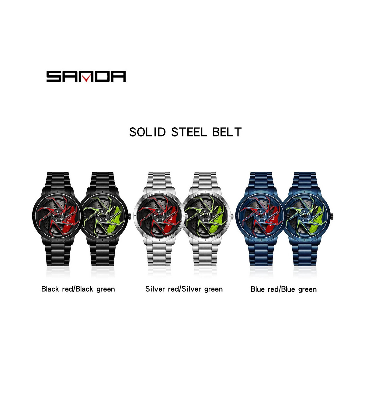 [Leather Silver Red] SANDA-Montre de sport étanche en acier inoxydable pour homme, jante de voi