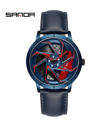 [Leather Blue Red] SANDA-Montre de sport étanche en acier inoxydable pour homme, jante de voitu