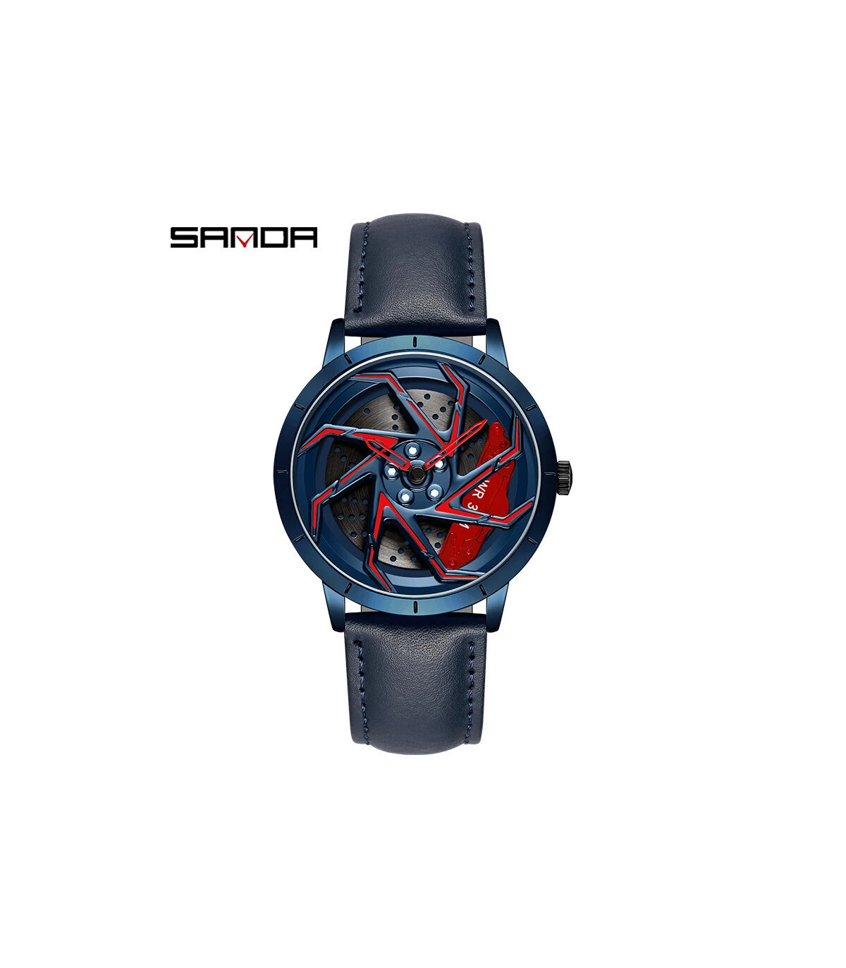 [Leather Blue Red] SANDA-Montre de sport étanche en acier inoxydable pour homme, jante de voitu