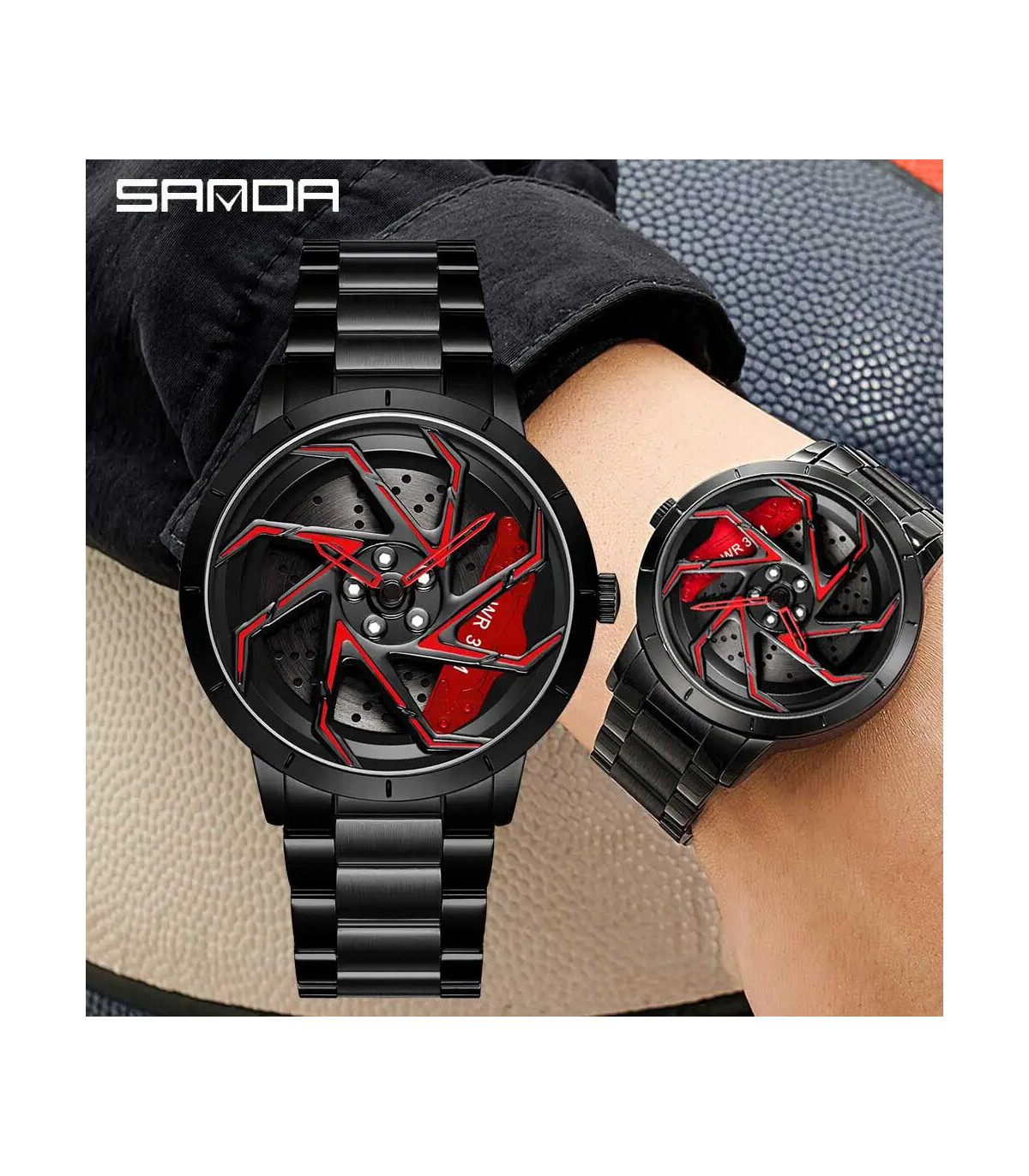 [Leather Blue Red] SANDA-Montre de sport étanche en acier inoxydable pour homme, jante de voitu