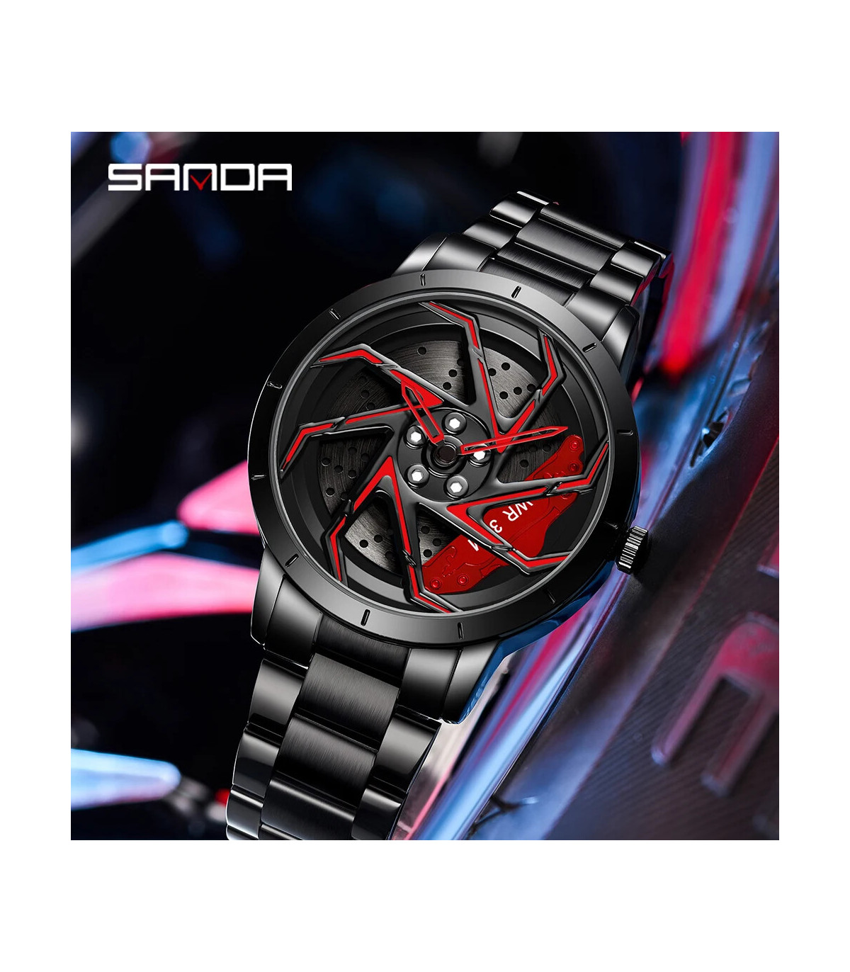 [Steel Blue Green] SANDA-Montre de sport étanche en acier inoxydable pour homme, jante de voitu