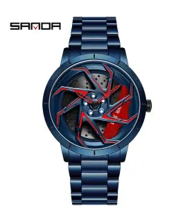 [Steel Blue Red] SANDA-Montre de sport étanche en acier inoxydable pour homme, jante de voiture