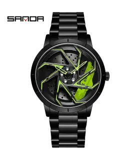 [Steel Black Green] SANDA-Montre de sport étanche en acier inoxydable pour homme, jante de voit