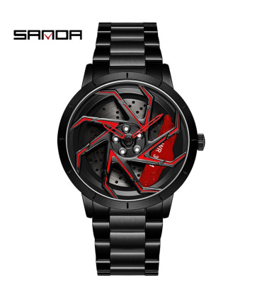 [Steel Black Red] SANDA-Montre de sport étanche en acier inoxydable pour homme, jante de voitur