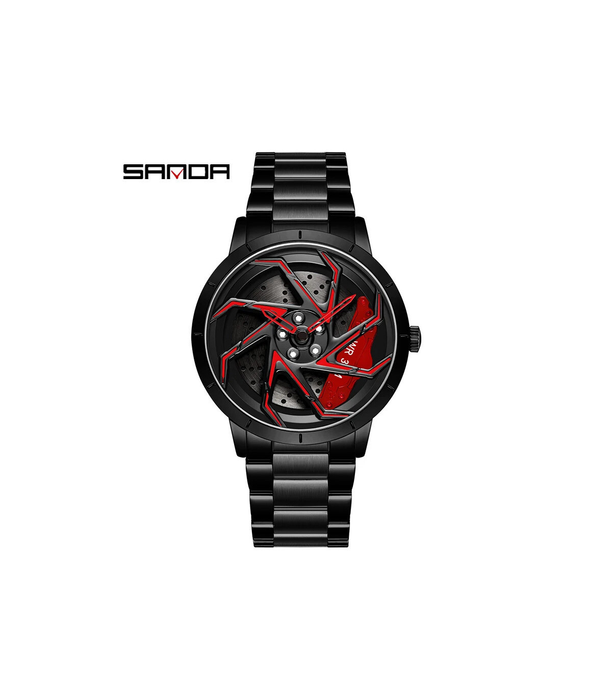[Steel Black Red] SANDA-Montre de sport étanche en acier inoxydable pour homme, jante de voitur