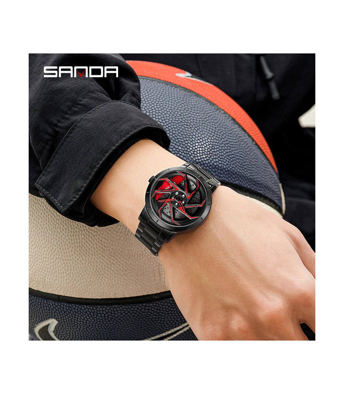 [Steel Black Red] SANDA-Montre de sport étanche en acier inoxydable pour homme, jante de voitur