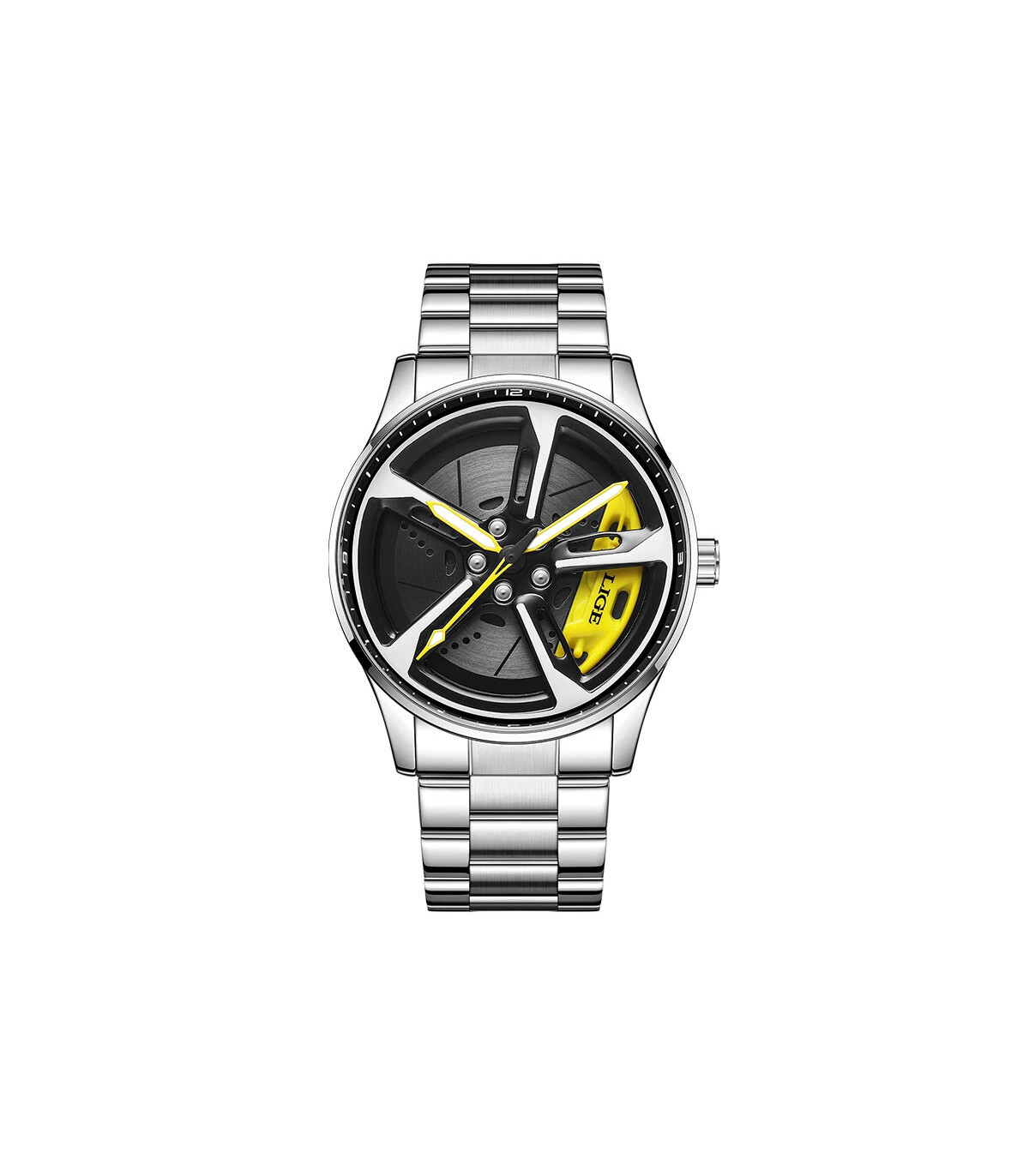 [Silver yellow] LIGE nouveau sport hommes voiture roue montres affaires étanche montre à Quartz