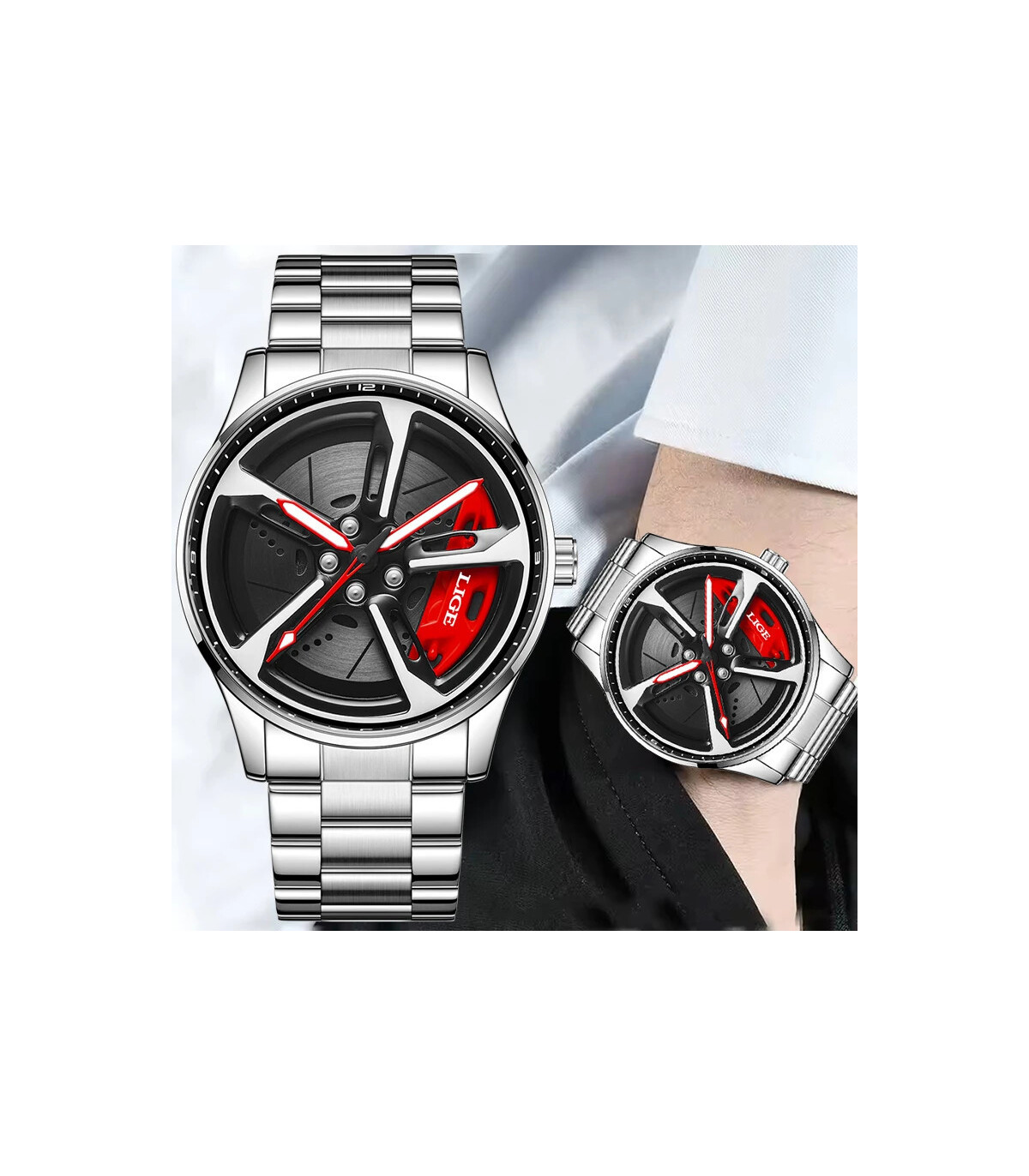 [Silver red] LIGE nouveau sport hommes voiture roue montres affaires étanche montre à Quartz po