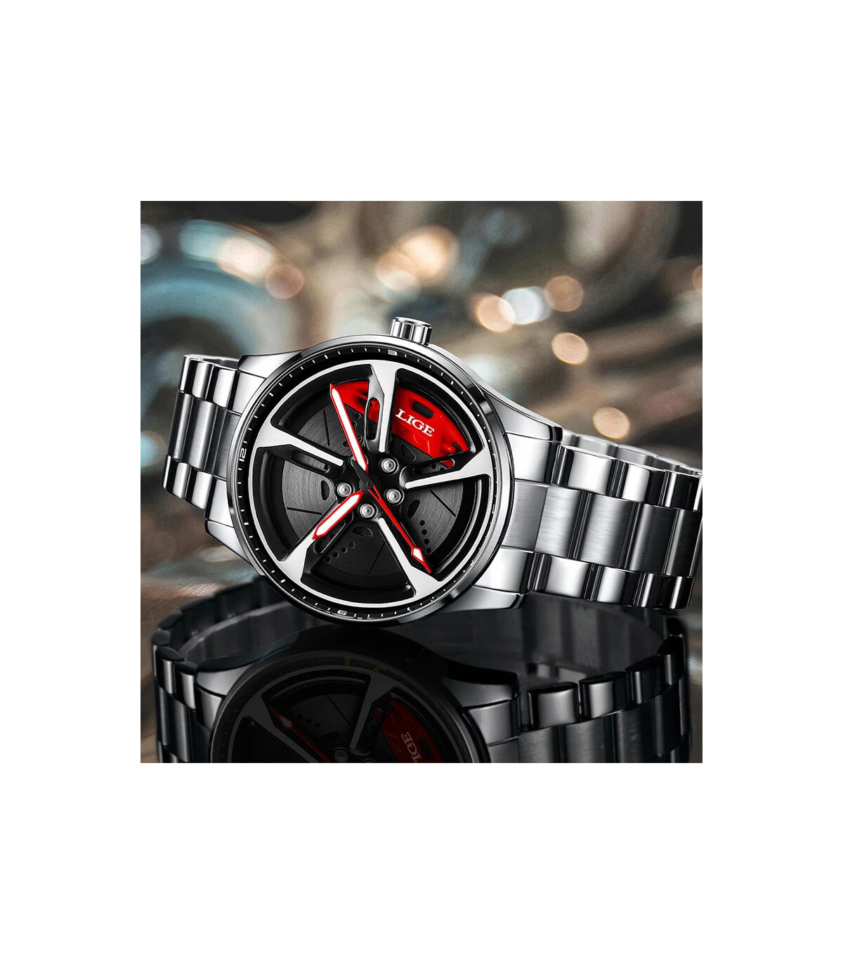 [Silver red] LIGE nouveau sport hommes voiture roue montres affaires étanche montre à Quartz po