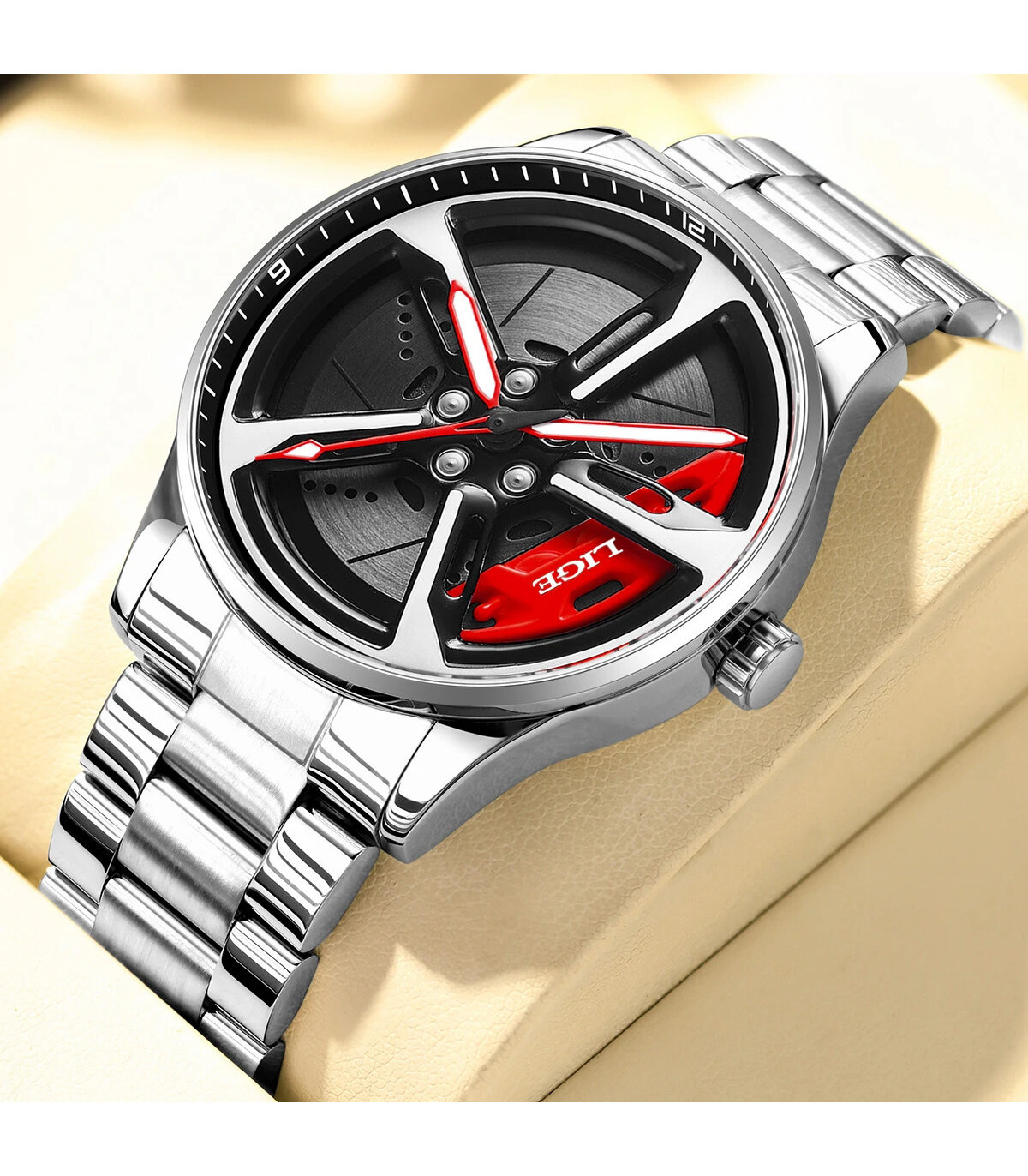 [Silver red] LIGE nouveau sport hommes voiture roue montres affaires étanche montre à Quartz po