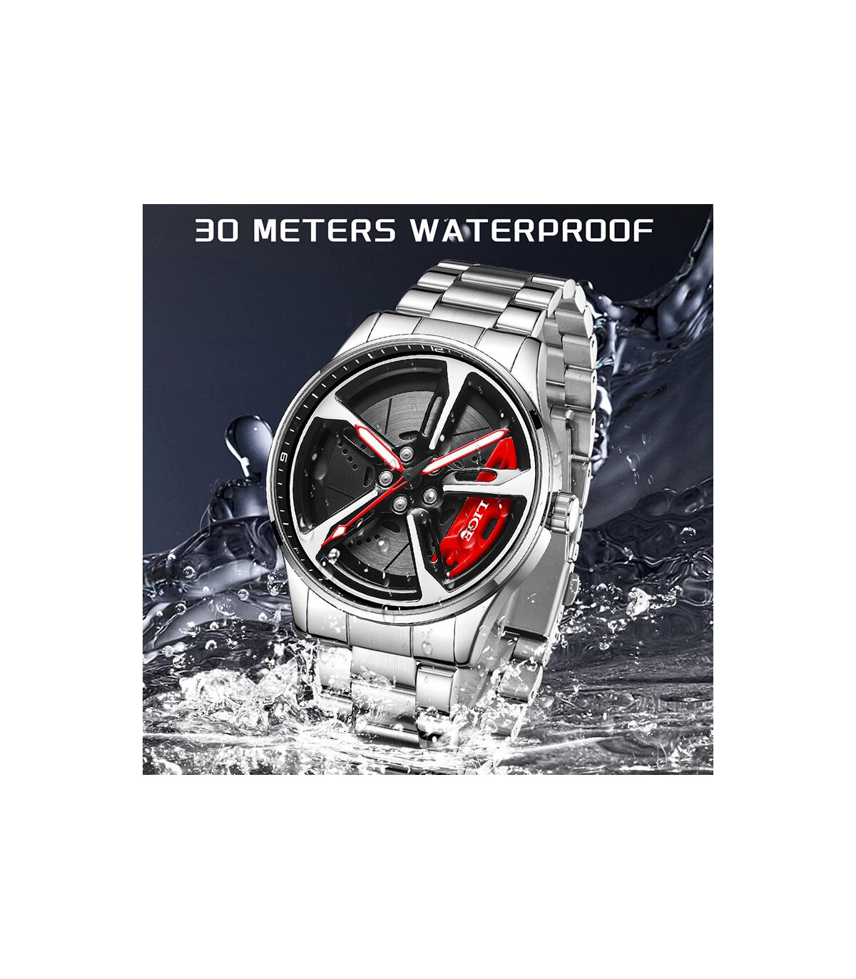 [Black red] LIGE nouveau sport hommes voiture roue montres affaires étanche montre à Quartz pou