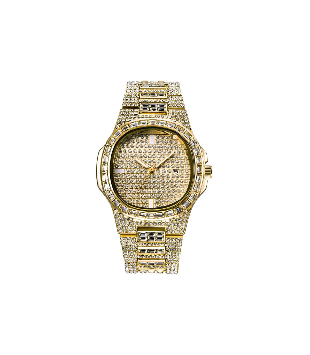 [Or Oui] Montre de luxe vintage pour homme, bracelet en alliage, diamant, doré, date, quartz, m