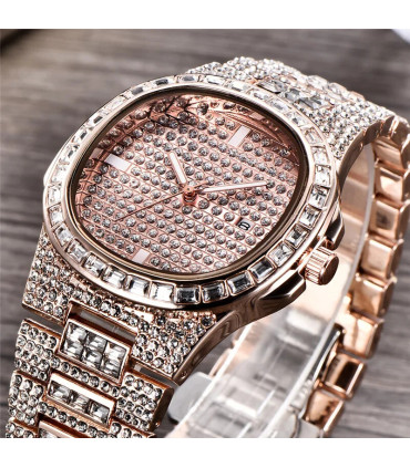 [Or Oui] Montre de luxe vintage pour homme, bracelet en alliage, diamant, doré, date, quartz, m