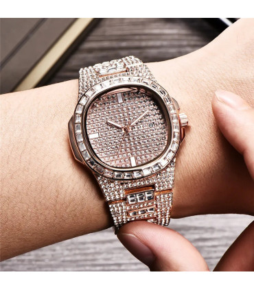 [Or Oui] Montre de luxe vintage pour homme, bracelet en alliage, diamant, doré, date, quartz, m