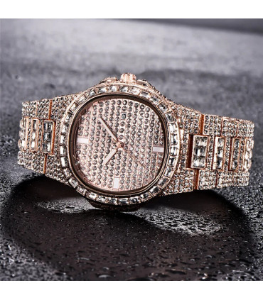 [Or Oui] Montre de luxe vintage pour homme, bracelet en alliage, diamant, doré, date, quartz, m