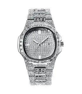 [Argent Oui] Montre de luxe vintage pour homme, bracelet en alliage, diamant, doré, date, quart