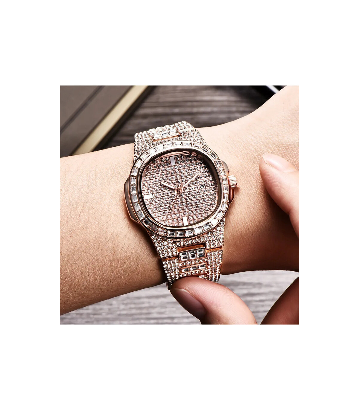 [Argent Oui] Montre de luxe vintage pour homme, bracelet en alliage, diamant, doré, date, quart