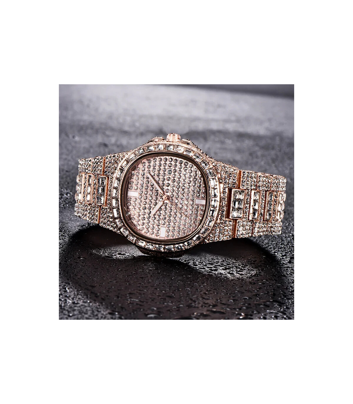 [Argent Oui] Montre de luxe vintage pour homme, bracelet en alliage, diamant, doré, date, quart