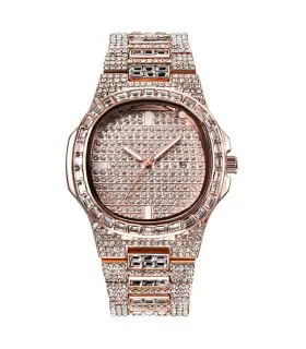 [Rose Oui] Montre de luxe vintage pour homme, bracelet en alliage, diamant, doré, date, quartz,