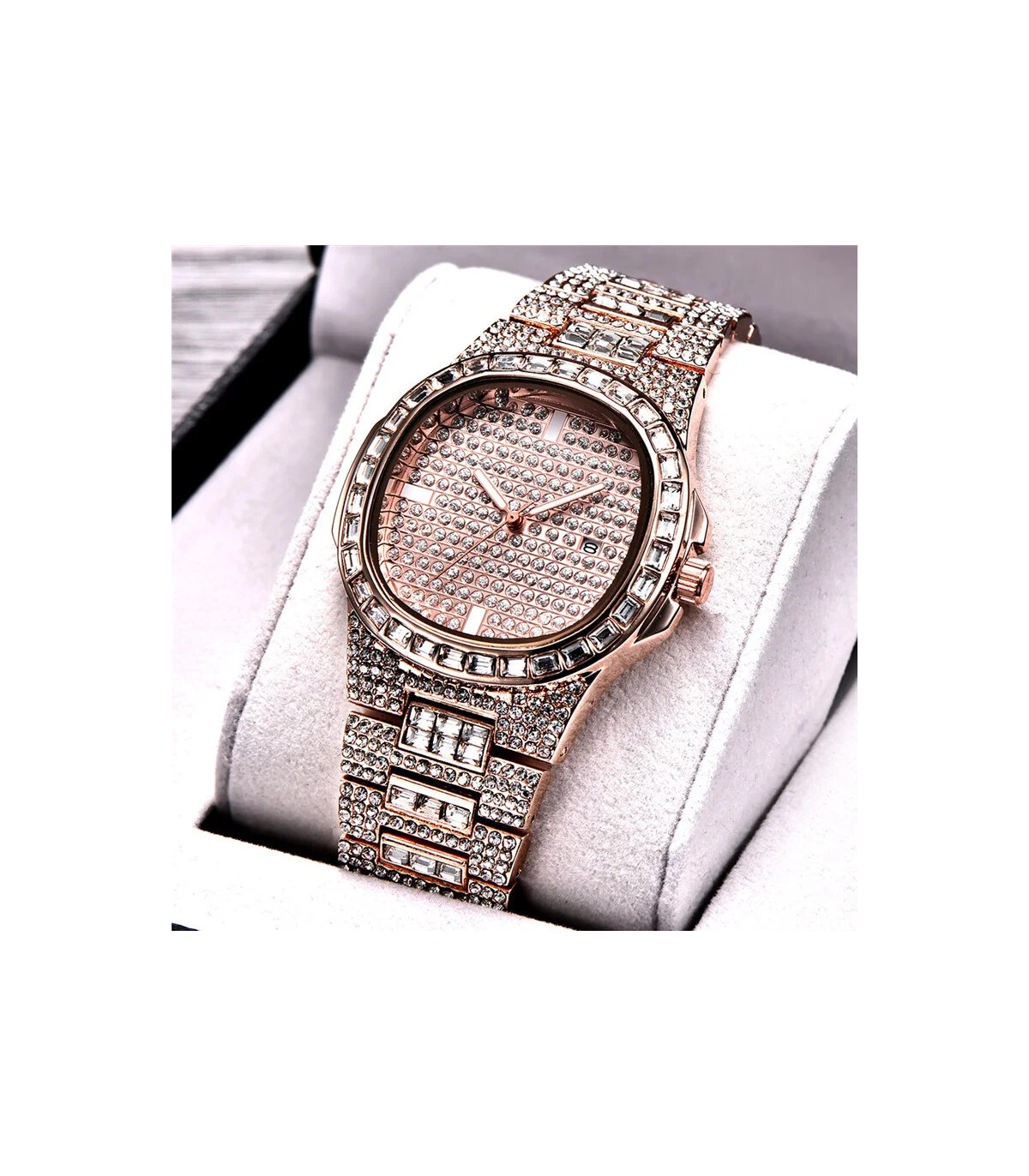 [Rose Oui] Montre de luxe vintage pour homme, bracelet en alliage, diamant, doré, date, quartz,