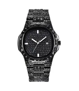 [Black Oui] Montre de luxe vintage pour homme, bracelet en alliage, diamant, doré, date, quartz