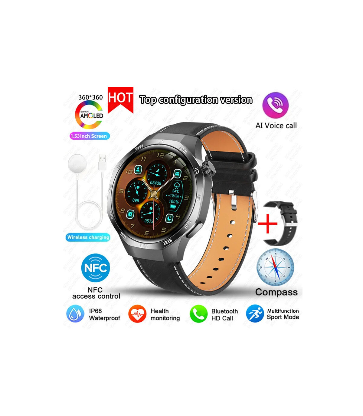 [GPS NFC Watch GT5Pro Black leather] Nouveau pour Huawei montre GT5 Pro montre intelligente HD 