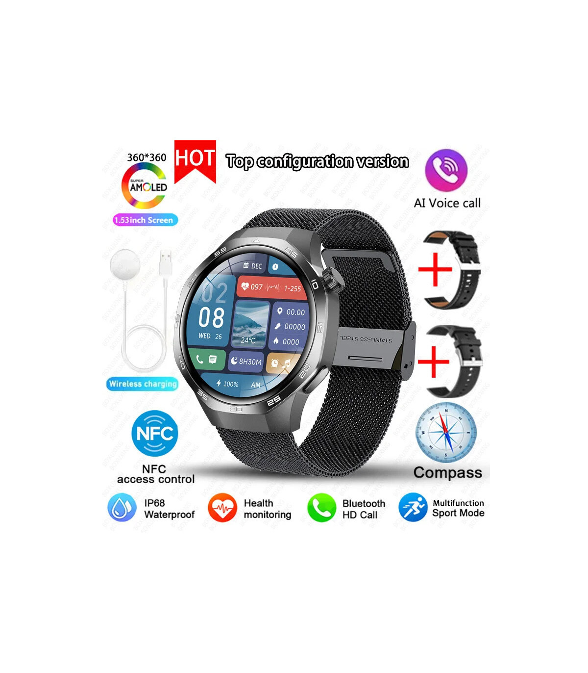 [GPS NFC Watch GT5Pro Black mesh belt] Nouveau pour Huawei montre GT5 Pro montre intelligente H