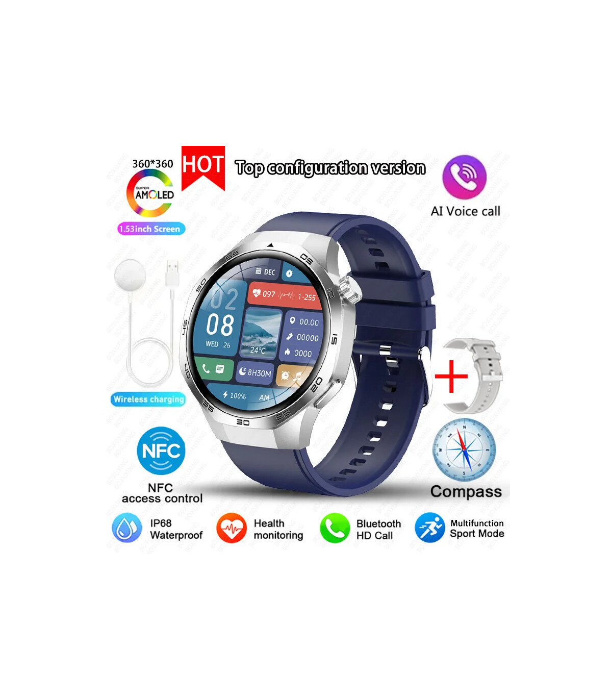 [GPS NFC Watch GT5Pro Silver blue] Nouveau pour Huawei montre GT5 Pro montre intelligente HD AM