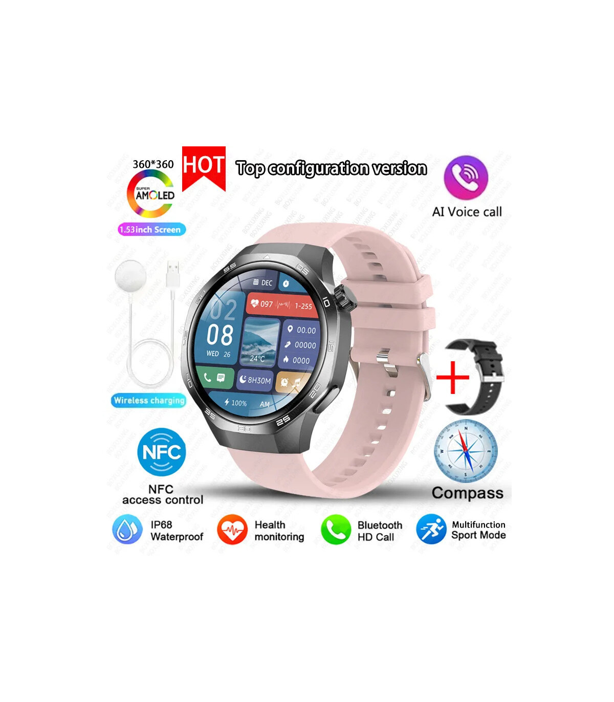 [GPS NFC Watch GT5Pro Black pink] Nouveau pour Huawei montre GT5 Pro montre intelligente HD AMO