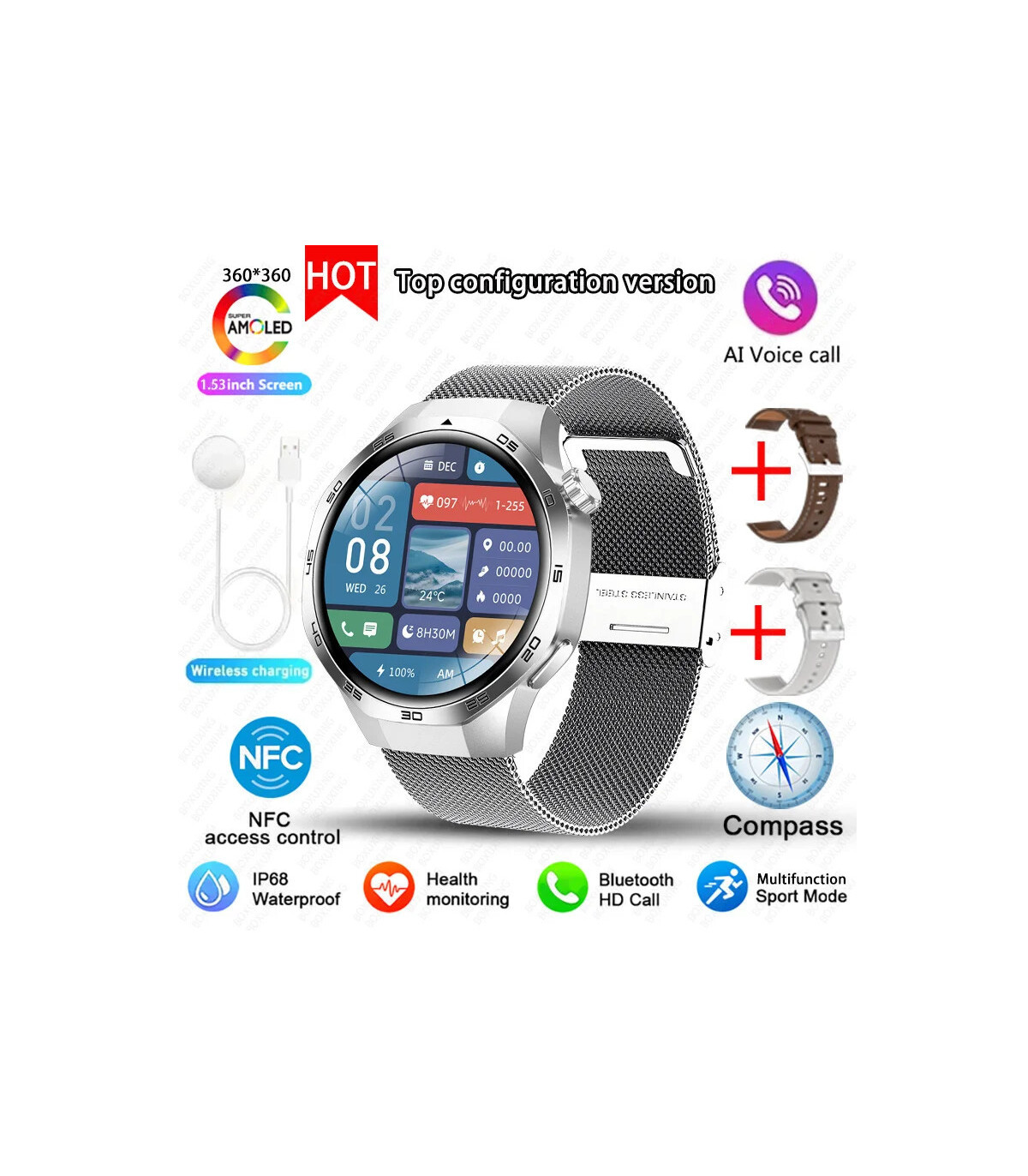 [GPS NFC Watch GT5Pro Silver Mesh belt] Nouveau pour Huawei montre GT5 Pro montre intelligente 