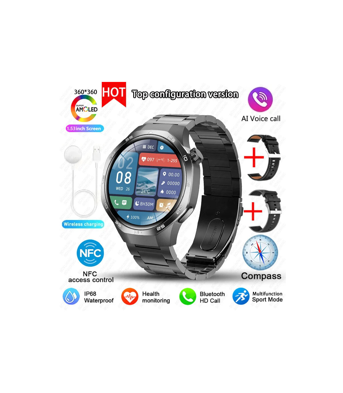[GPS NFC Watch GT5Pro Black steel] Nouveau pour Huawei montre GT5 Pro montre intelligente HD AM