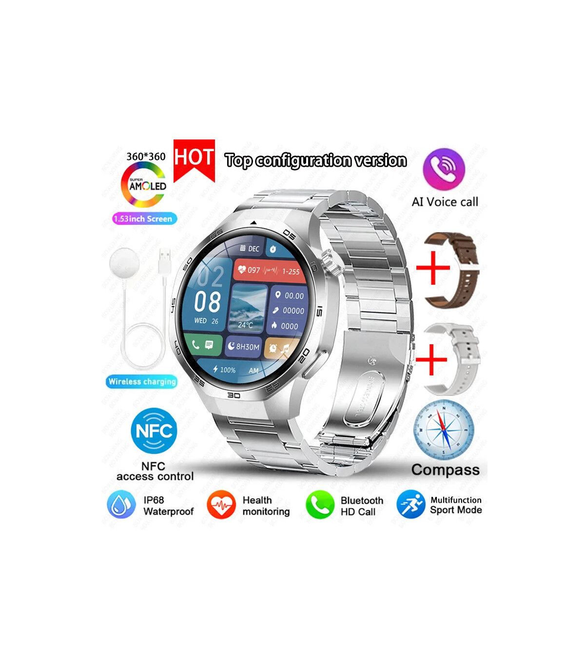 [GPS NFC Watch GT5Pro Silver steel] Nouveau pour Huawei montre GT5 Pro montre intelligente HD A