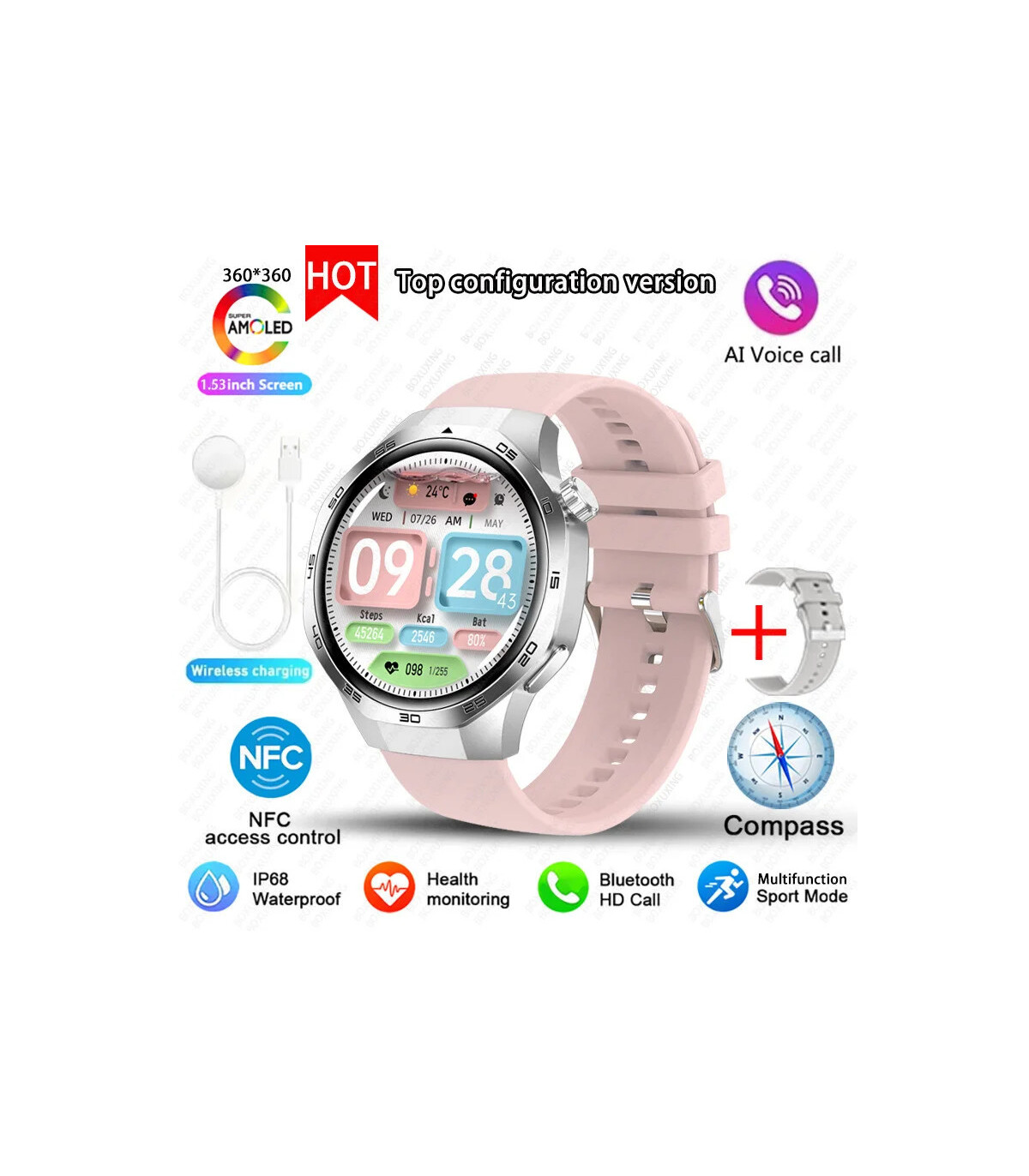 [GPS NFC Watch GT5Pro Silver pink] Nouveau pour Huawei montre GT5 Pro montre intelligente HD AM