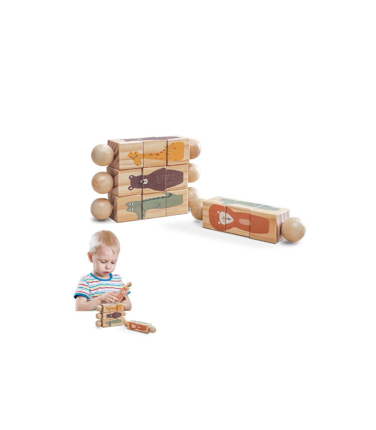 [Lion] Jouets Montessori en bois pour bébé, 1 pièce, dessin animé Animal Crocodile ours, bloc r