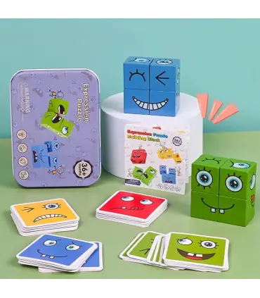 [1 Set] Cube d\'expression émotion, Puzzle en bois, blocs de construction Montessori, jeu pour e
