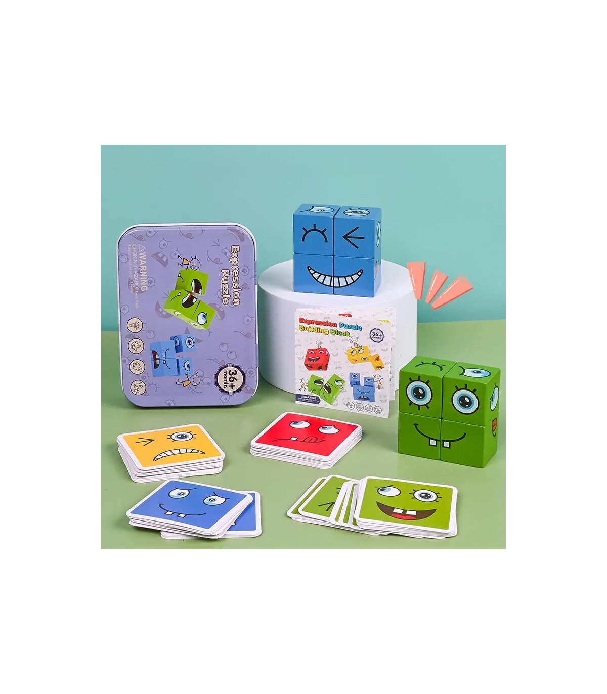 [1 Set] Cube d\'expression émotion, Puzzle en bois, blocs de construction Montessori, jeu pour e
