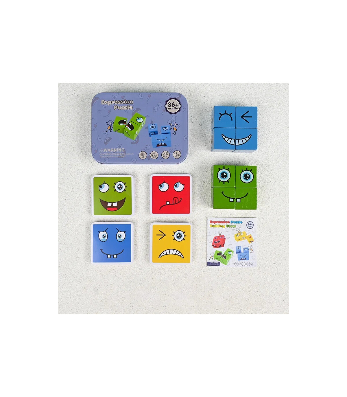 [1 Set] Cube d\'expression émotion, Puzzle en bois, blocs de construction Montessori, jeu pour e