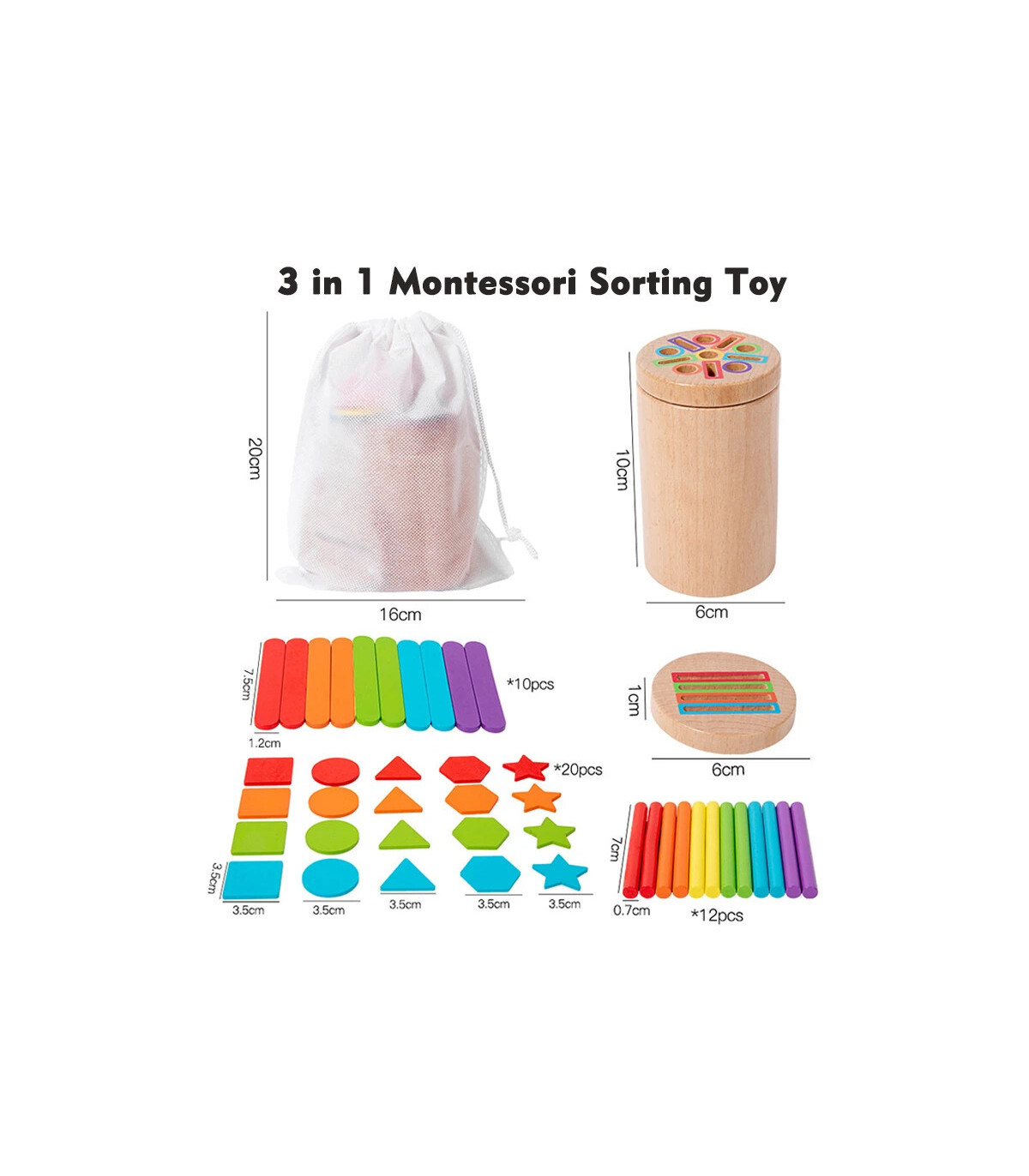 Jeu tri couleurs Montessori 3 en 1 en bois avec couvercles