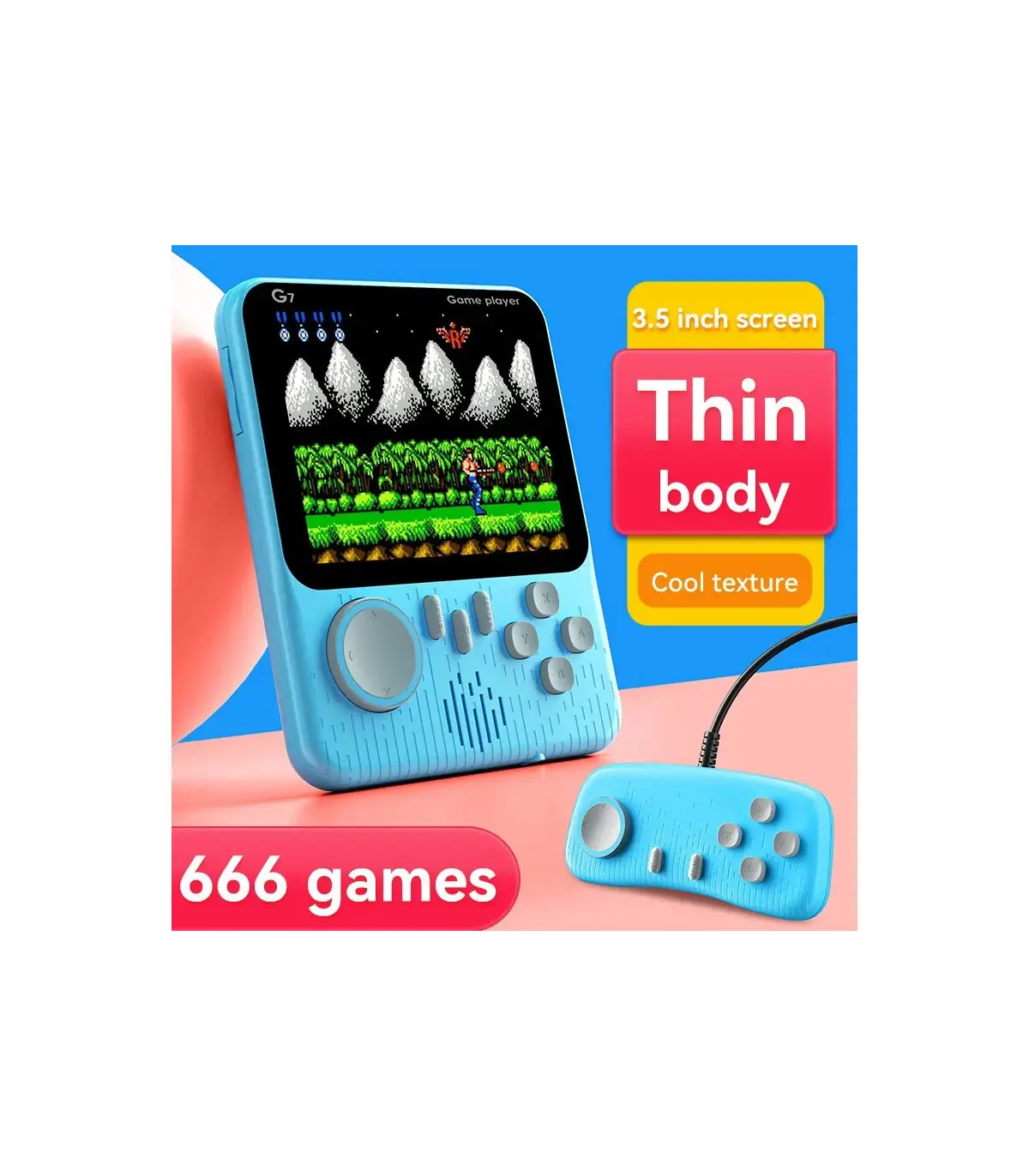 [Pink With handle] Console de jeu Portable avec écran de 3.5 pouces, jouets 666 jeux intégrés, 