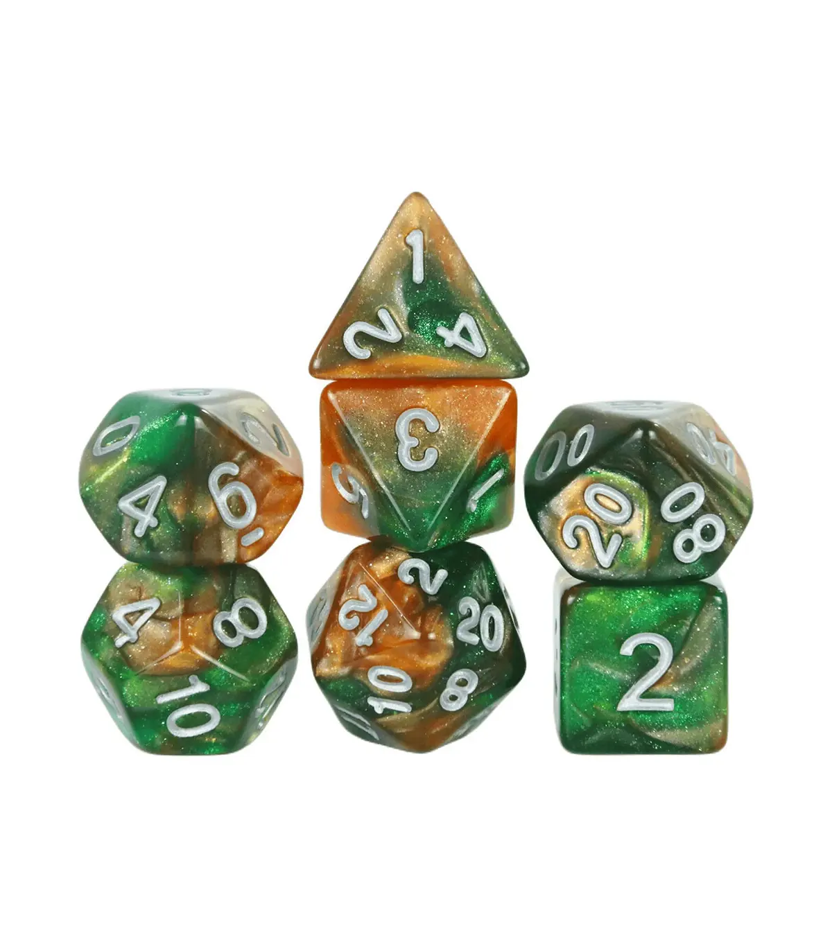 [Vert clair] Jeu de dés polyédriques colorés sur le thème de la galAct, pour petits déjeuners d