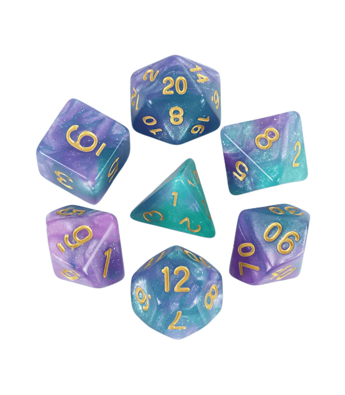 [Vert clair] Jeu de dés polyédriques colorés sur le thème de la galAct, pour petits déjeuners d