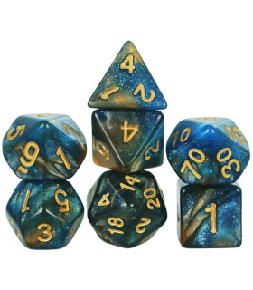 [Bleu] Jeu de dés polyédriques colorés sur le thème de la galAct, pour petits déjeuners du MDN,