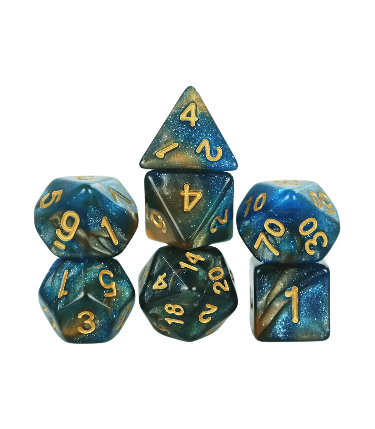 [Bleu] Jeu de dés polyédriques colorés sur le thème de la galAct, pour petits déjeuners du MDN,